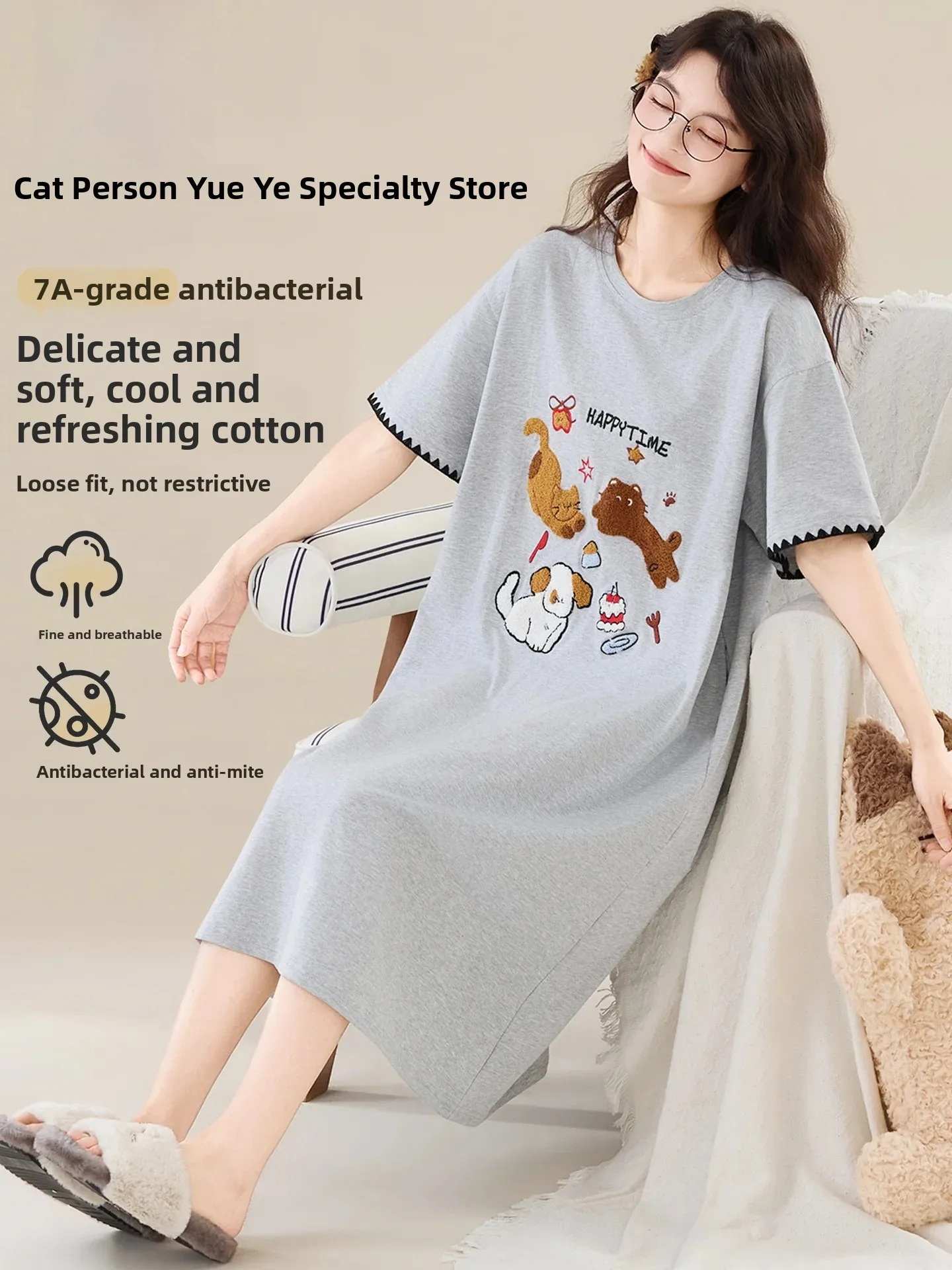 Pure Cotton Sleep Dress Women's Summer Short Sleeve Thin Cute Cartoon plus Size Loose Can Wear Outdoors Dress Pyjamas