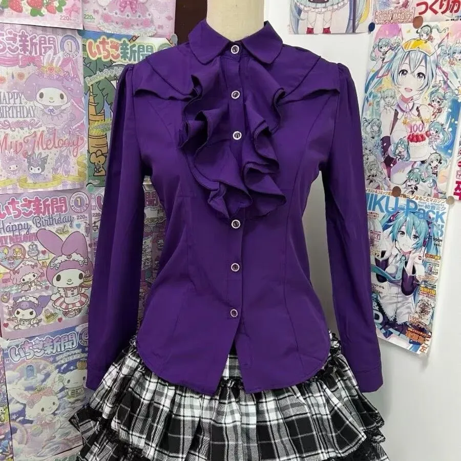 Estilo gótico japonês lolita camisa blusa feminina vintage mangas compridas camisas y2k das mulheres topos estética babados jk magro blusas