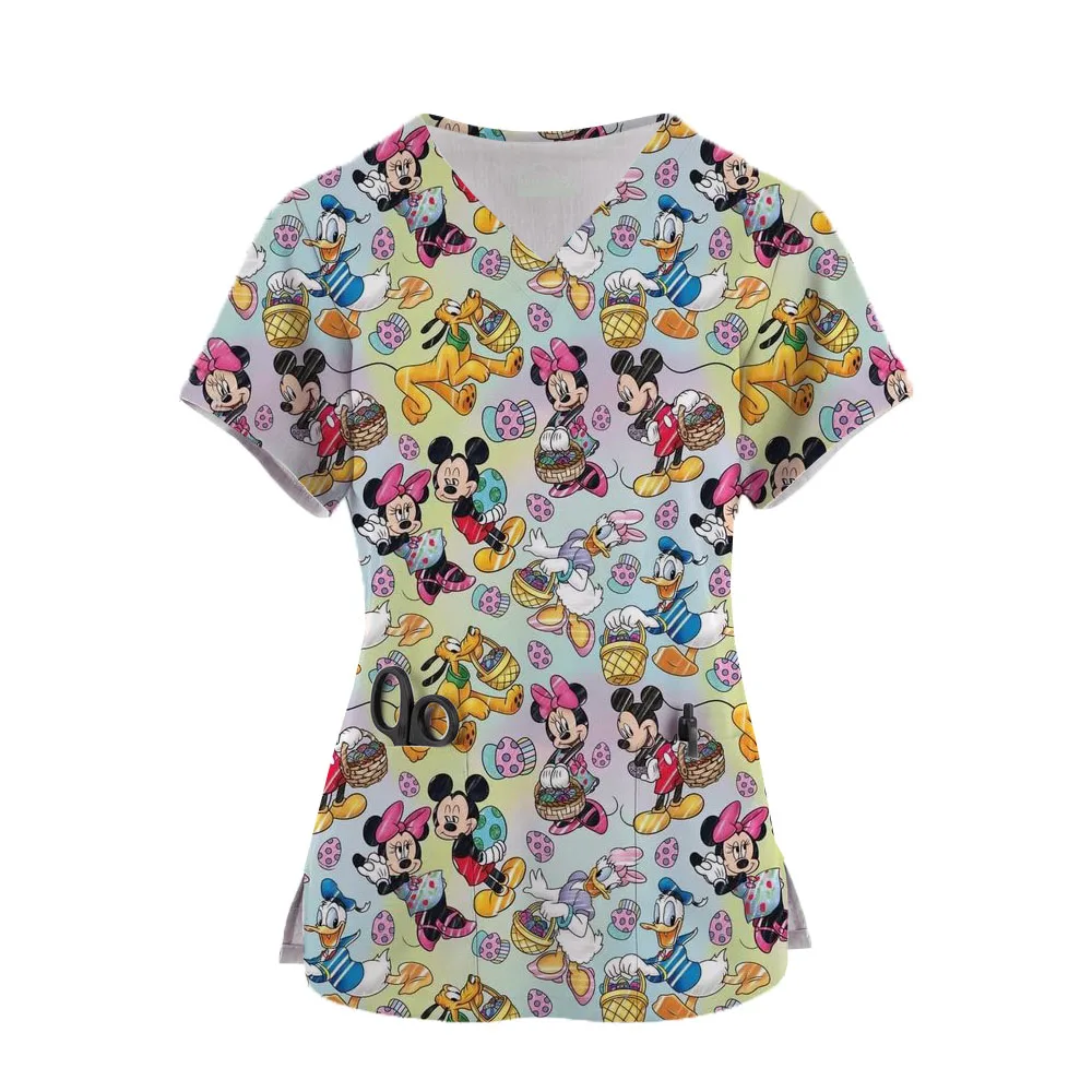 2024 Women's Doctor Nurse Uniform Cartoon Mickey Mouse Print Pocket V-Neck Nursing Scrubs Tops Workwear Tshirt Overalls Uniforms