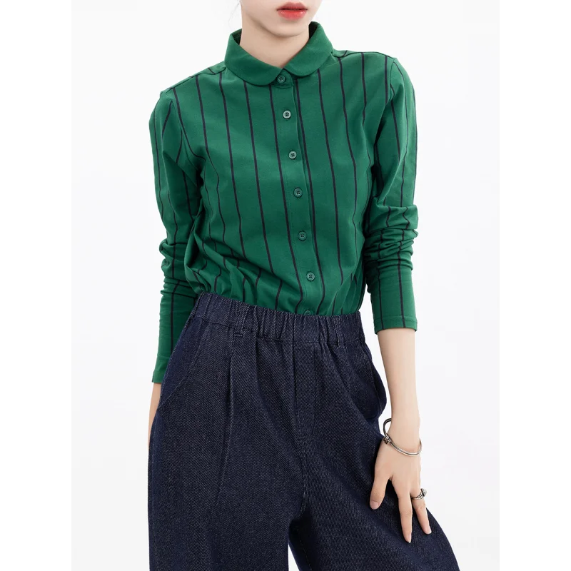 Autumn Elastic Vertical Striped Shirts Women Knitted Cotton Blouses Long-sleeved Shirt Looks Thin Reduces Age Ingot Collar Tops