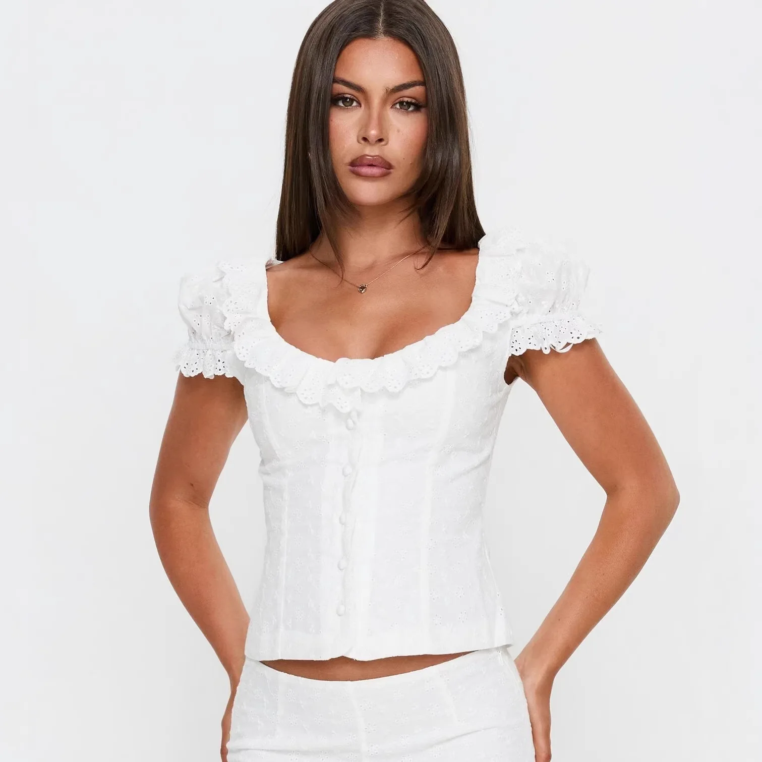 

Sweet Lace Doll Collar Puff Sleeve Women's Shirt With Single Breasted Buttons Hollow Jacquard Slim-fit Pure Desire Elegant 6VN3