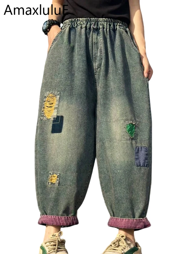 

Amax LuluE Summer Vintage Embroidery Jeans Ladies Holes Design Loose Fashion Denim Pants Womens Classic Leisure Harem Trousers