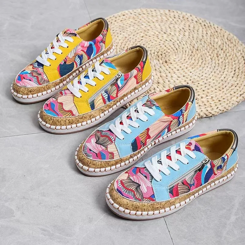 

Women's Sneakers Ethnic Print Canvas Stitched Casual Shoes Flats Lace-up Skate Shoes Soft Sole Sports Shoes Platform Trainers