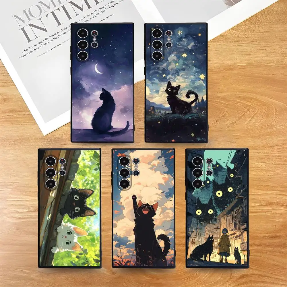 Cartoon Black Cat Art Phone Case Skin-Friendly Soft TPU Case Compatible With Samsung S21/S22/S23/S24/S25 FE/Plus/Ultra