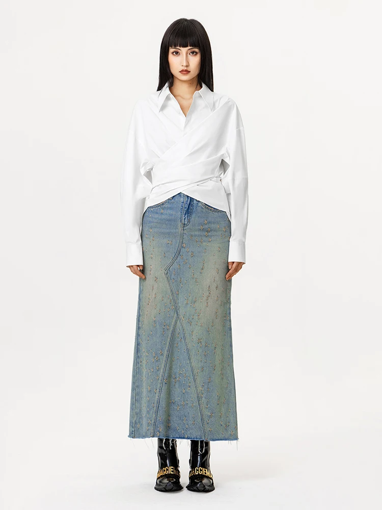 

Джинсовая юбка Maggie Ma: стильная, винтажная, универсальная, облегающая, с разрезом, высокая талия, смесь полиэстера и хлопка, повседневная...