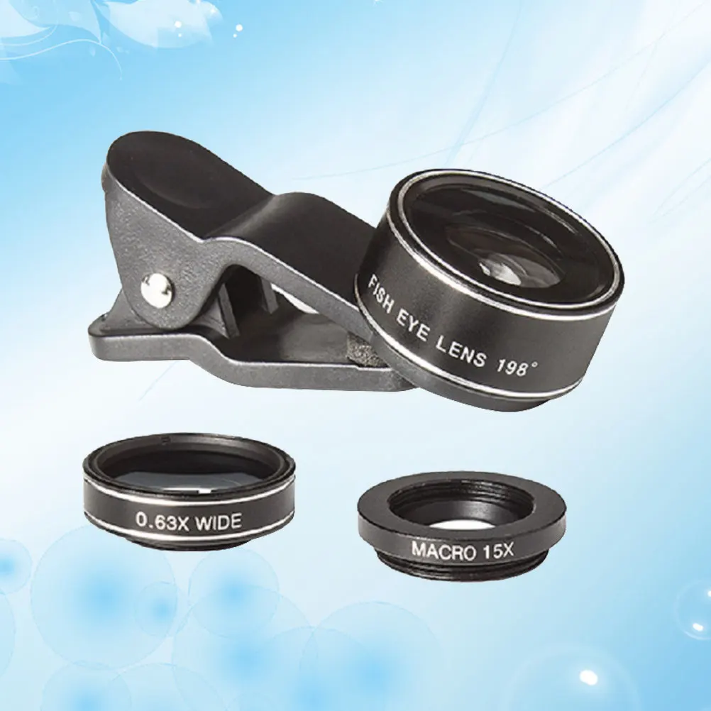 

3 in 1 Camera Lens Set 198° Fish-eye 0.63X Wide Angle 15X Macro HD Smartphone Cell Lens Oil Water Proof Aluminum Alloy Easy