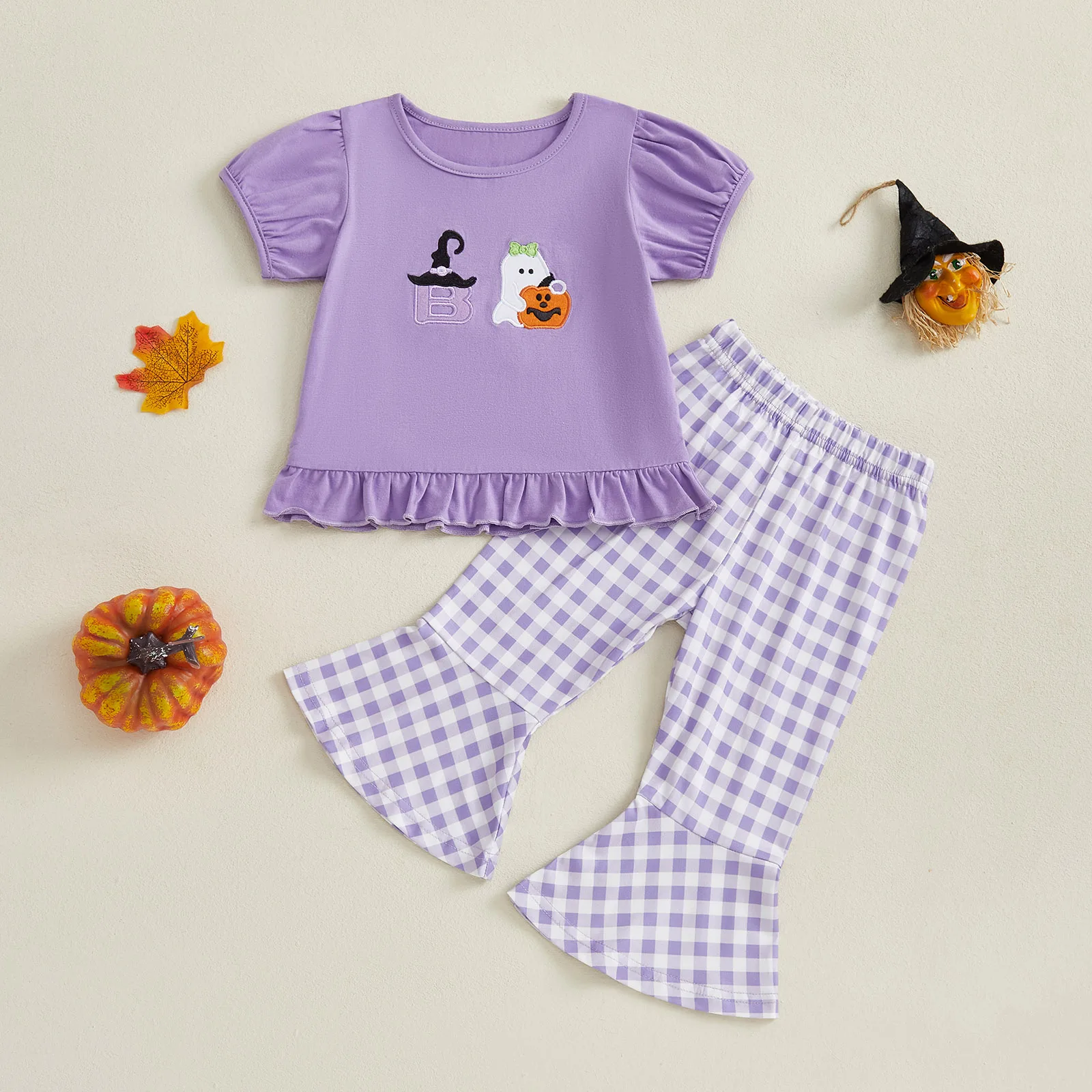 

Lioraitiin Toddler Baby Girl Halloween Outfit Embroidery Ruffled Hem Short Sleeve T-Shirt with Plaid Flared Pants 2Pcs Set