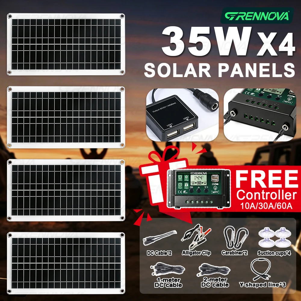 GRENNOVA 35W - 140W Portable Solar Panel Kit SP12 1PCS 2PCS 3PCS 4PCS Dual USB 18V DC 60A Controller for Outdoor 12V Battery RV