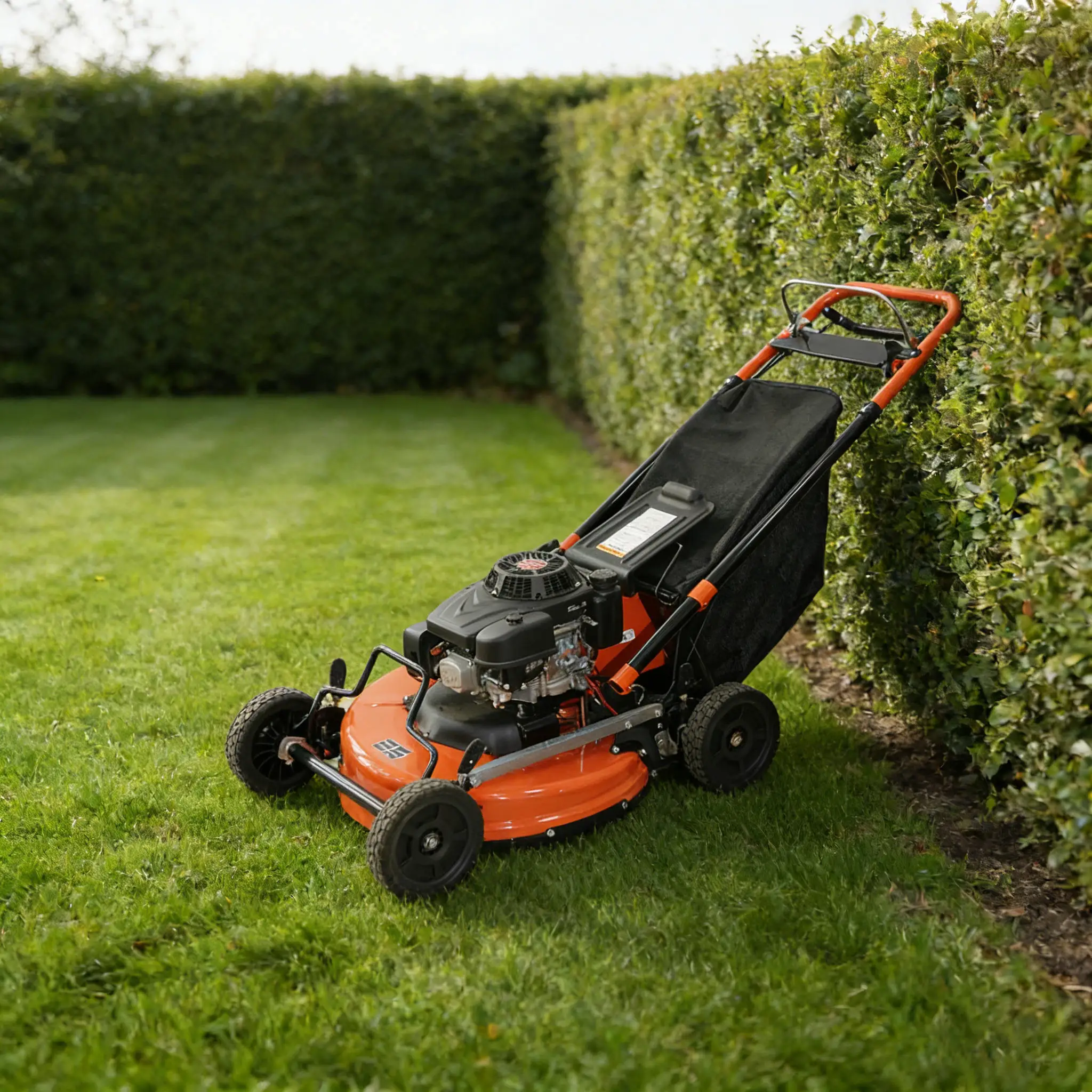 2000-watt industrial-grade lawn mower with a four-stroke engine, flat blades, and a push-type design