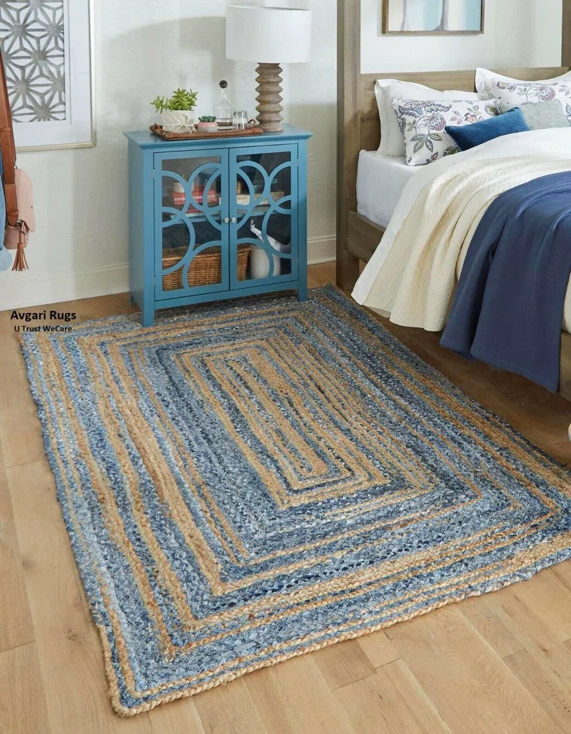 

Rug Denim Jute Carpet Rectangle Handmade Rustic Look Braided Style Reversible Living Room Carpet