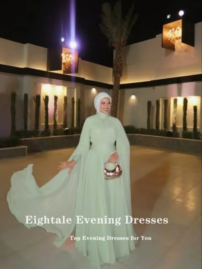 Eightale Hellgrüne Abendkleider für Hochzeiten, Falten, Chiffon, Stehkragen, muslimisches, maßgeschneidertes A-Linien-Abschlussballkleid