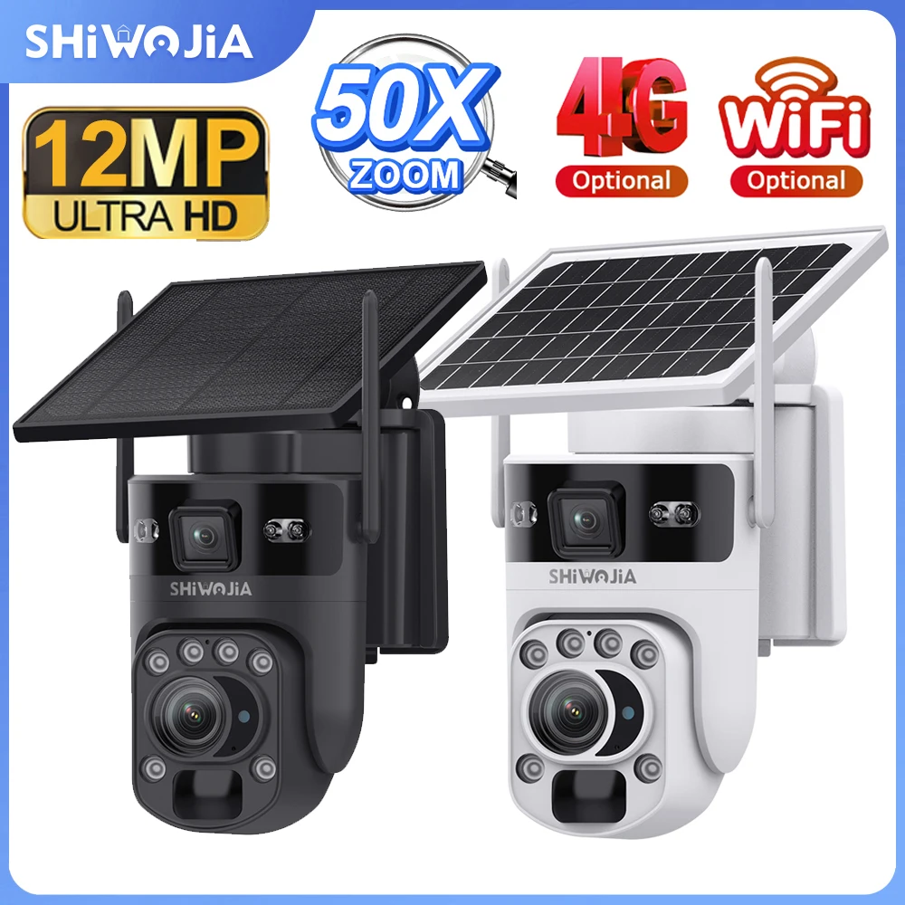 SHIWOJIA 50X Optical ZOOM 4G Solar Camera Dual Screen Outdoor Security WiFi IP Camera Night Vision PIR Detection UBox App