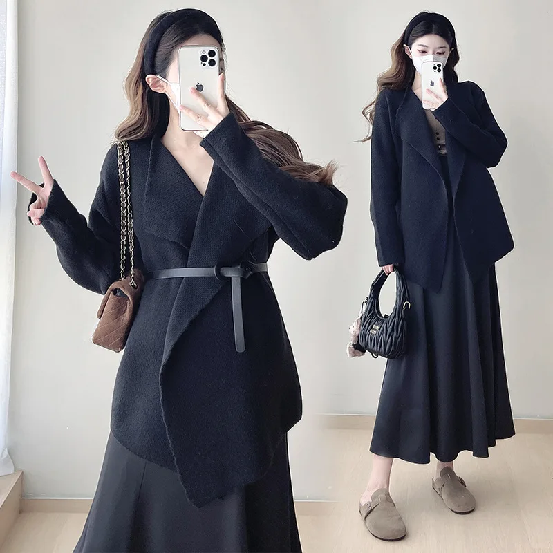 Maternity Wear Fall Winter Clothes Set Elegance Knit Coat With Girdle + Fishtail Skirt  Fashion Models Suit Pregnant Outwear