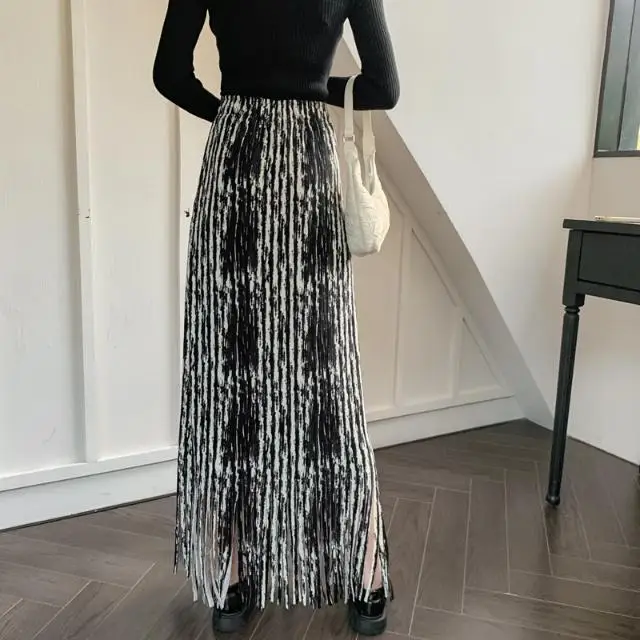 Tie-Dyed Tassels Pleated Skirt Chic Long Skirts For Women Printed Tassel High Waist Female Sheath Skirt Ladies Maxi Skirt