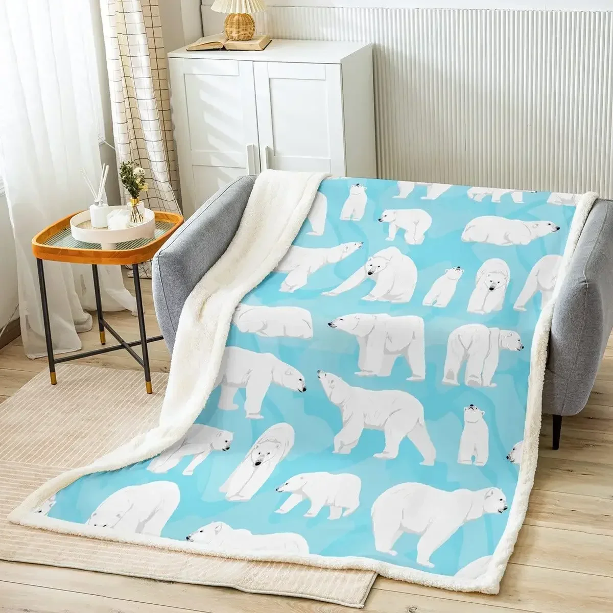 

Милое одеяло с белым медведем для детей, декор для спальни, мягкий синий флисовый домашний текстиль из микрофибры