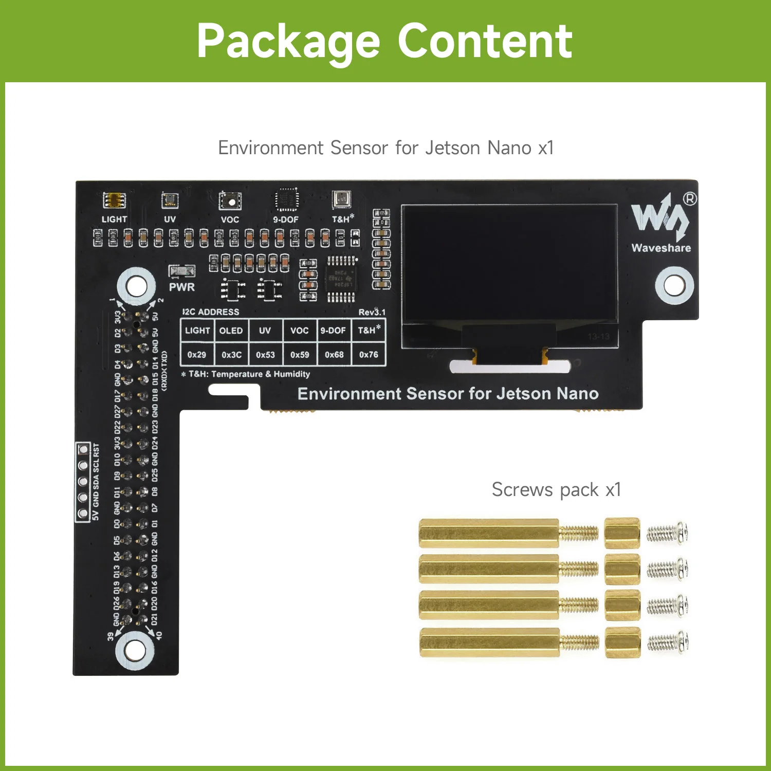 module-de-capteur-environnemental-waveshare-concu-pour-jetson-nano-avec-ecran-oled-integre-de-13-pouce-pour-l'affichage-des-donnees-environnementales