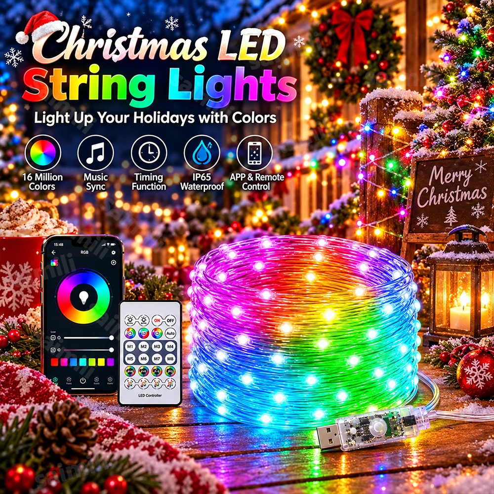 WS2812B Pixel LED String Lights RGBIC USB Bluetooth APP Music Sync Dream Color Waterproof For Home Holiday Party Decor Lighting