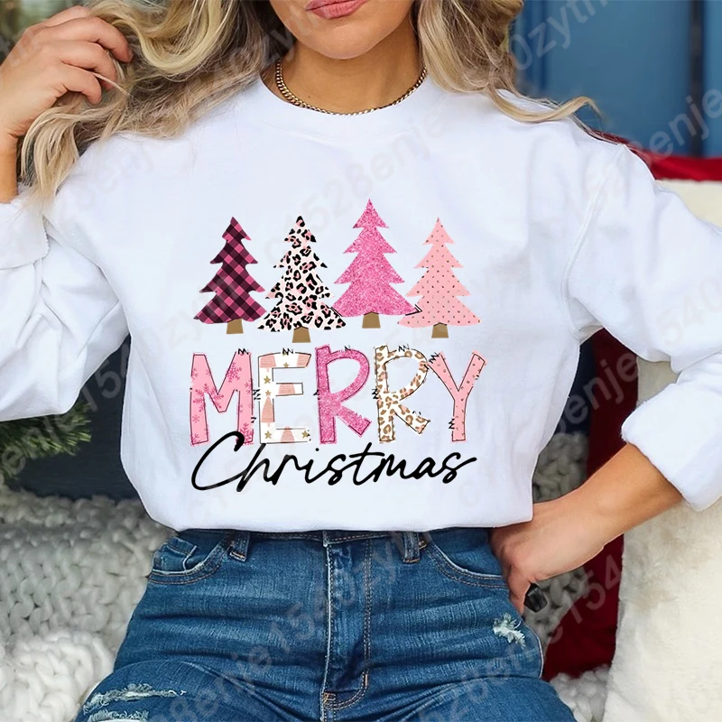 Pull à manches longues et col rond pour femme, arbre de Noël et joyeux Noël, imprimé graphique, PVD, vacances d'hiver, Y-Pull