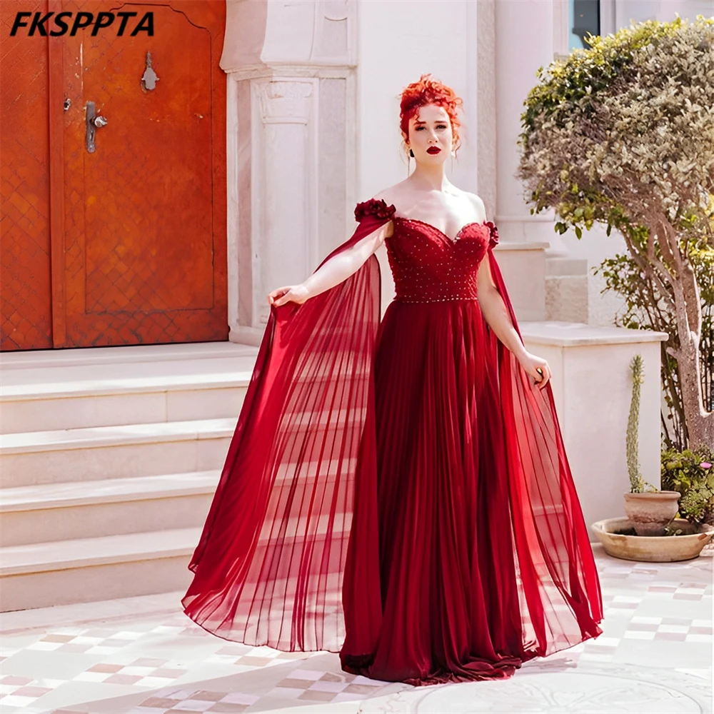 

Burgundy Long Formal Evening Dress A Line Off The Shoulder Chic Crystals ‌Crushed Finish Chiffon Women Wedding Party Gowns