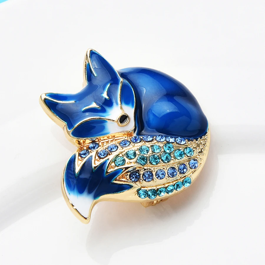 دبابيس الثعلب النائمة 6 ألوان المينا الجسم كامل حجر الراين سباركلين ذيل الثعلب دبابيس شارة الحيوان لطيف هدية السنة الجديدة 2021