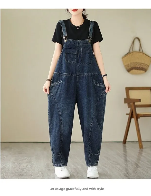 Fall Women's Loose Jeans Overalls Deep Blue High Waist Design Sensation plus Size Faion plus Size Women's Loose Slimming