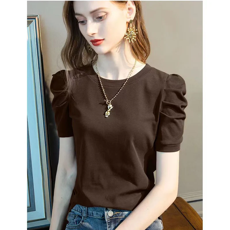 Elegant O-Neck Solid Color Puff Sleeve T-Shirts Women\'s Clothing 2024 Summer New Loose All-match Tops Office Lady Tee Shirt