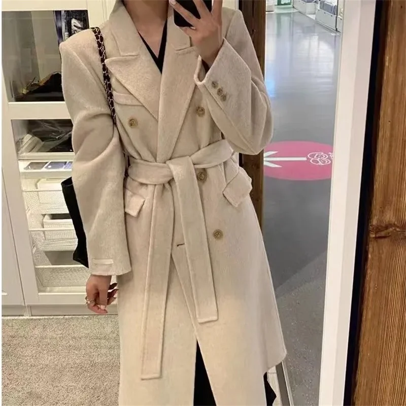 Solid Blends Women Korean Fashion Coats Long Style Button Trendy Loose Fit Temperament Gentle Female Autumn Minimalist
