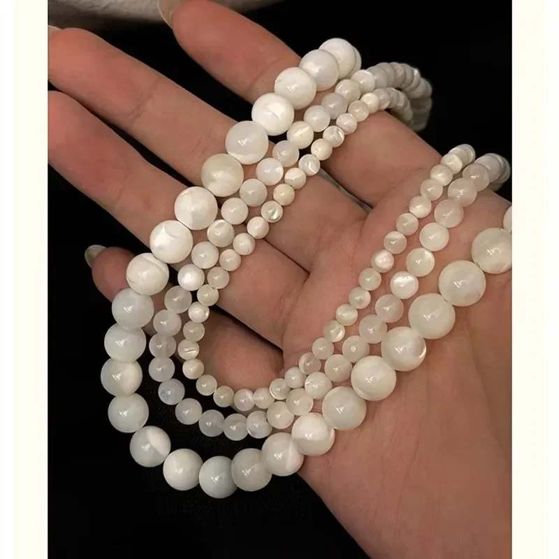 Minar Elegant 4 6 8mm Clear White Color Round Natural Shell Beaded Necklace for Women Silver Plated Chain Beads Strand Chokers