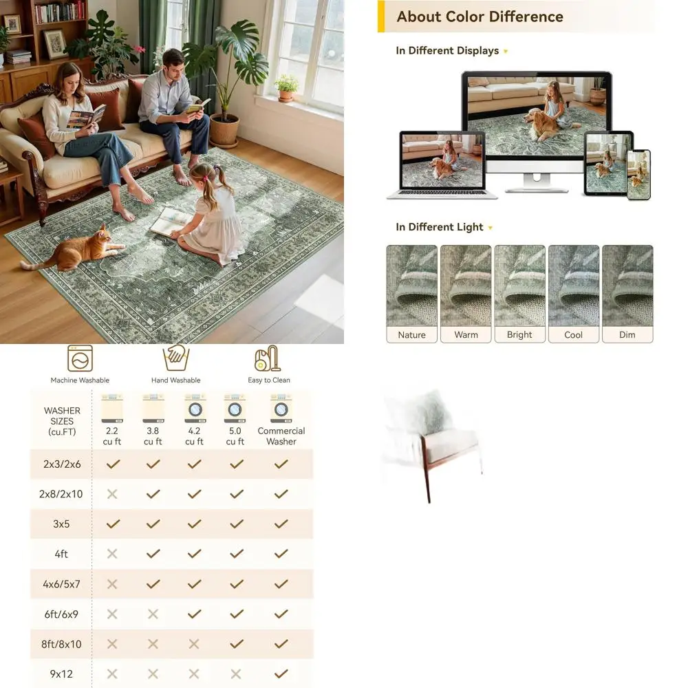 

5x7 Feet Washable Non-Slip Floral Vintage Medallion Area Rug, Dark Green and Gray for Living Spaces