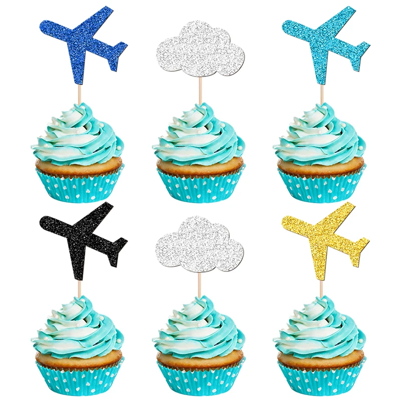 YOMDID 24 Stück Flugzeug-Kuchenaufsätze, mehrfarbig glitzernde Wolken-Flugzeug-Cupcake-Topper, Dekorationen, Kuchenaufsätze mit Reisethema – Detail 6