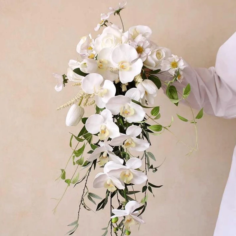 Whitney Bridal Wedding Bouquet 2024 New Arrival White Phalaenopsis orchid Cascading Style Real touch Ramos de novias boda