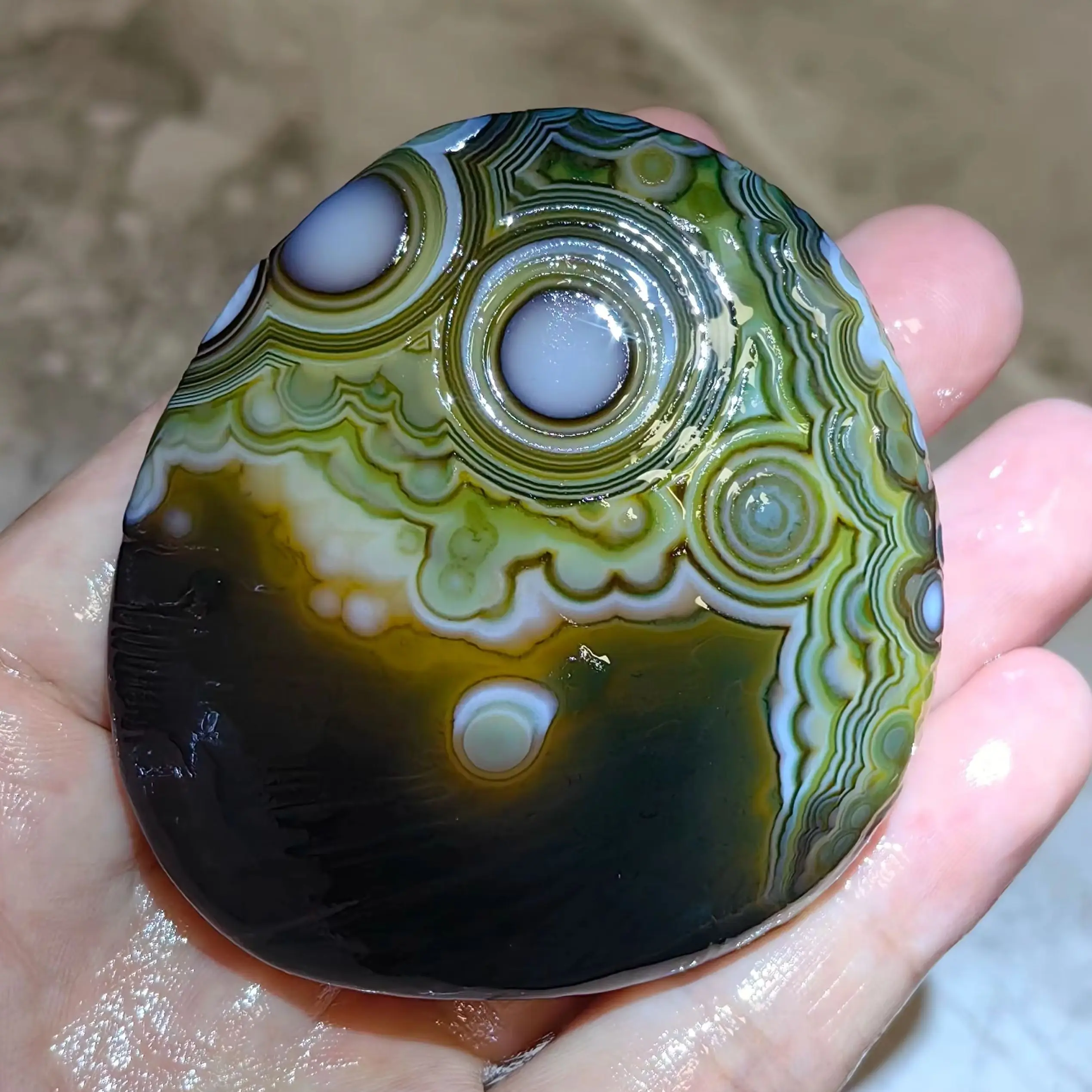 Rare Green & Black Gobi Agate with Striking White Eye Patterns Collectible Geological Specimen for Meditation Space - view 3