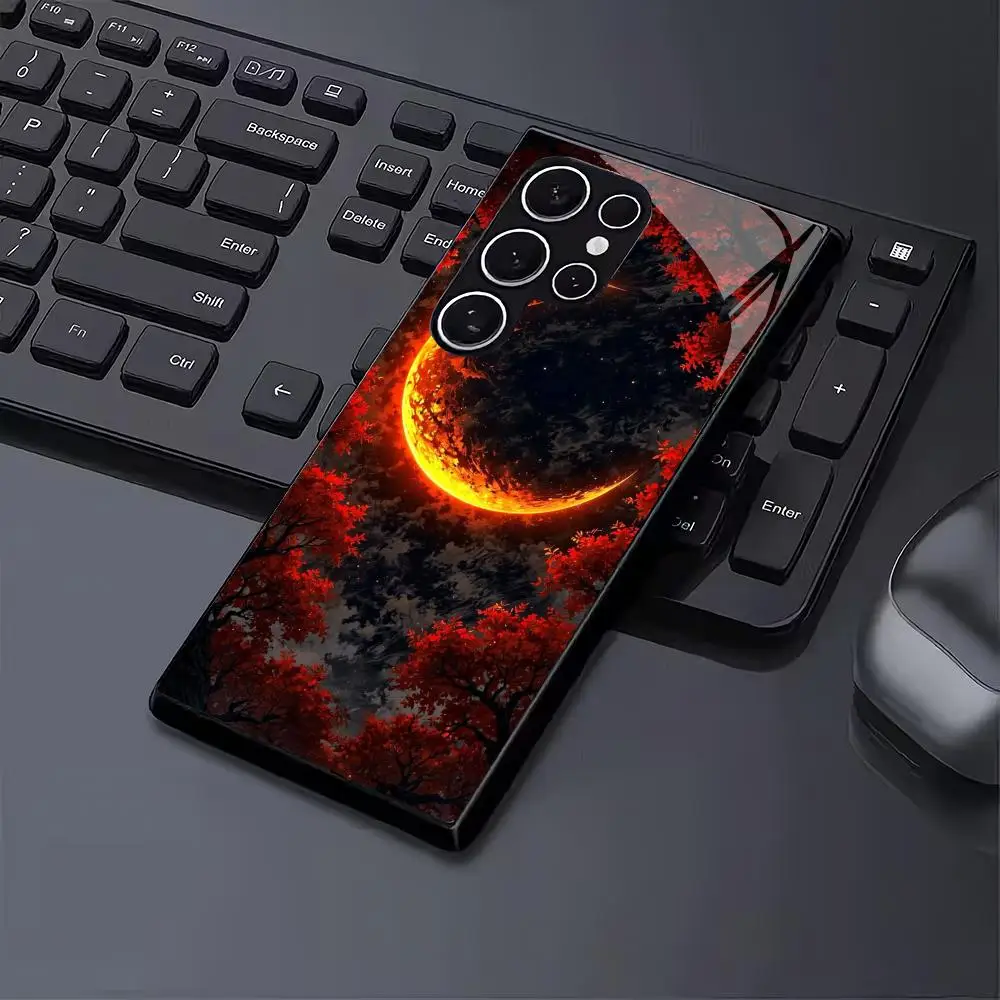 Red Maple Tree Moonlight Glass Phone Case Suitable for Samsung Galaxy S26 S25 S24 S22 S21 S20 FE/Ultra/Plus Anti Drop Back Cover