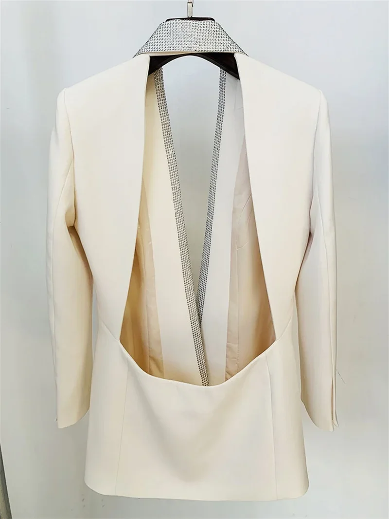 Blazer longo de cristal branco feminino, jaqueta oca sexy sem costas, casaco de luxo senhora, roupa de festa, vestido de formatura, feminino, escritório, festa, primavera