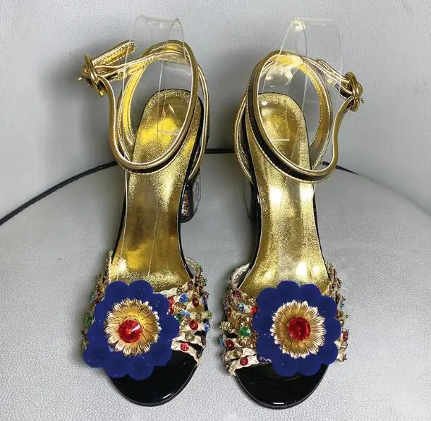 الصيف أضاليا زهرة الأزهار مكعب صندل كعب عالٍ اللمحة تو جوهرة كريستال متعدد الترتر حزام انقطاع امرأة مأدبة فستان الأحذية