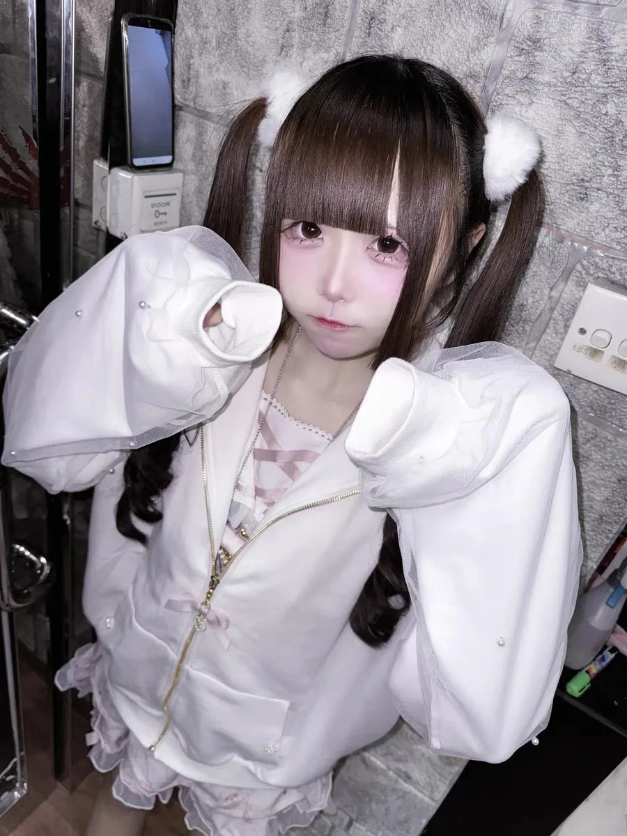 Subkultur Frühling Herbst junges Mädchen Hoodie Mantel japanische Reißverschluss Strickjacken Top süße Riemen Hasenohren Perlen Schleife Kapuze Frau Jacke