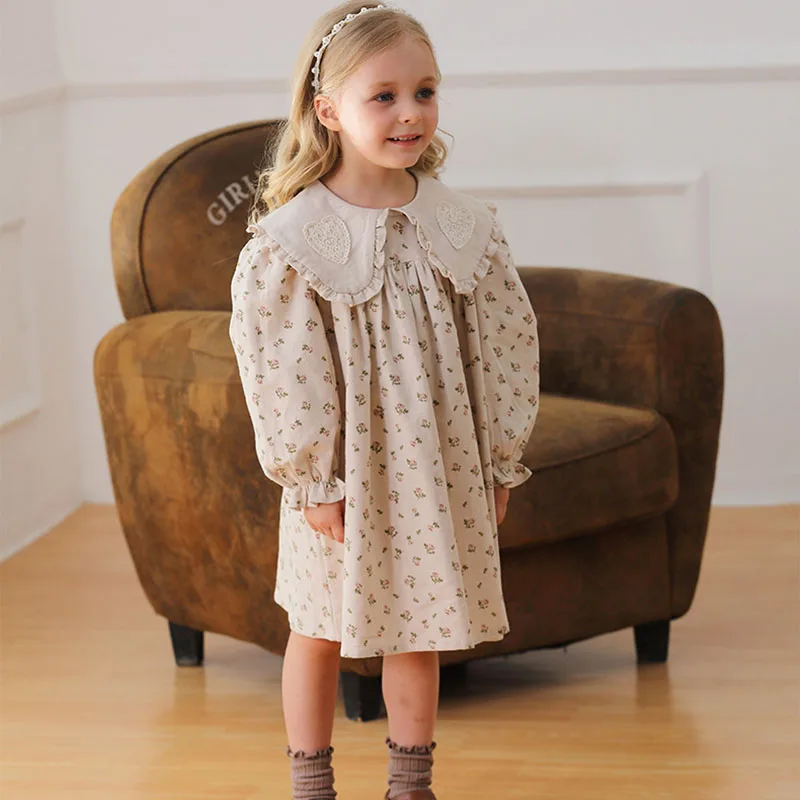 2025 New Spring Sister Dress 2-7Yrs Girl Party Dress Long Sleeved Cotton Flower Print Kids Princess Dresses Children Clothes