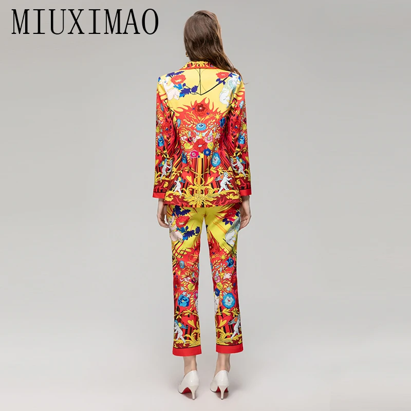 MIUXIMAO 2023 Fall Luxury Diamond  Sicily Elegant Suit Heart Angel Flower Prints Top+ Slim Pant Fashion Two-piece Set Women Suit