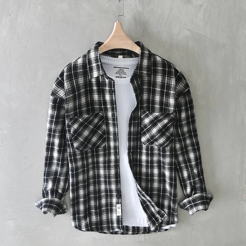 

Ameikeji Retro Men Plaid Twill Woven Long Sleeve Shirt Fashion Autumn Male Workwear Double Pocket Casual Cotton Top Shirt Jacket