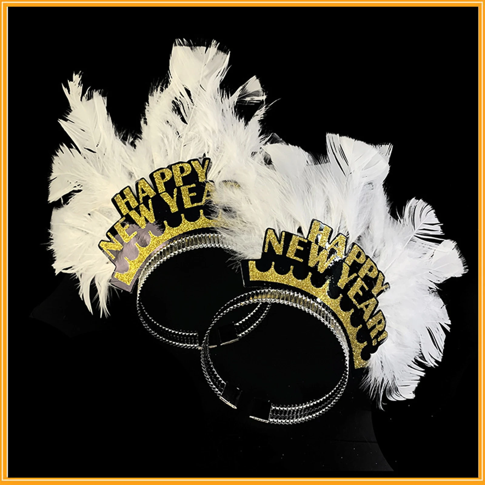 Happy New Year Headband Glitter Gold Crown White Feather Hairbands Photo Prop New Year Eve Christmas Party Hair Hoop Accessories