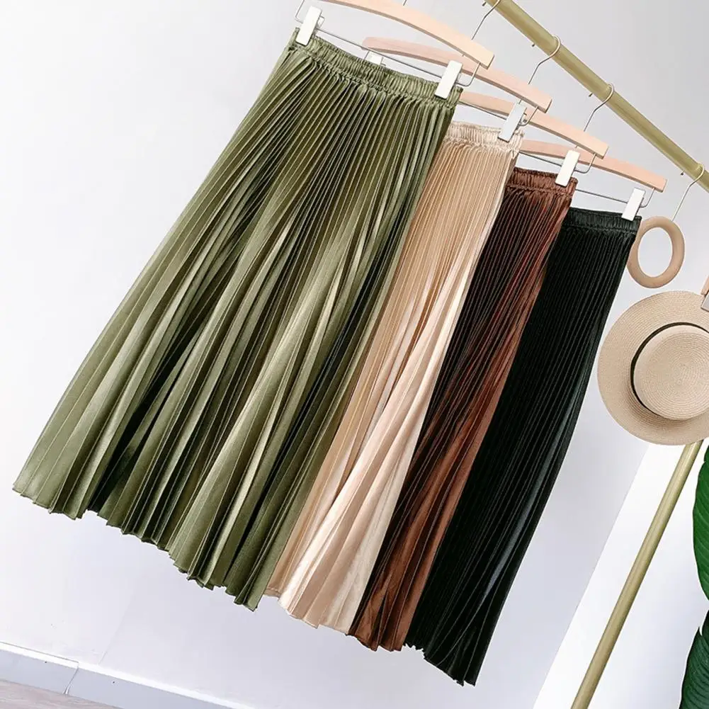 Women Skirt Pleated Stylish Exquisite Comfy Soft Dressing Up Polyester High Waist Solid Color Mid-Length Skirt Daily Clothing