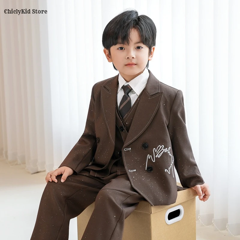 Boys Solid Double Breasted Blazer Jack Vest Pants Children Suit Waistcoat Wedding Clothes Sets Toddler Formal Dress Kids Tuxedos