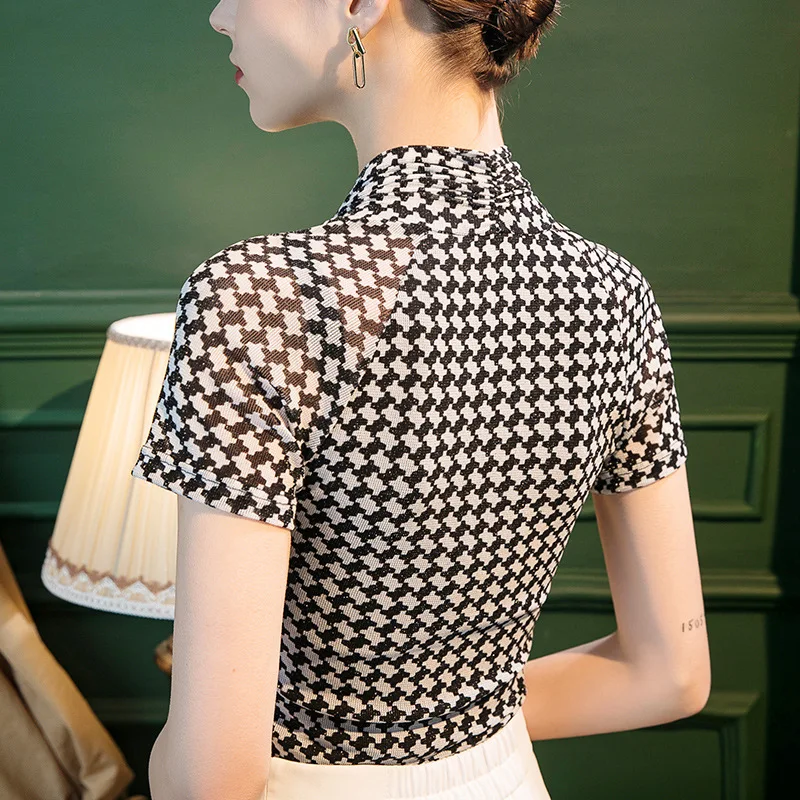 Women Clothing Short Sleeve V-neck Women's T-shirt Plaid Mesh Woman Top Summer Tops For Girls Summer Women Blauses