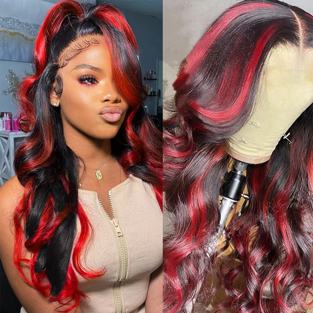 Red Highlight Body Wave Human Hair Lace Front Wigs 13x4 Red and Black Lace Frontal Wigs Burgundy Highlight Body Wave Human Hair