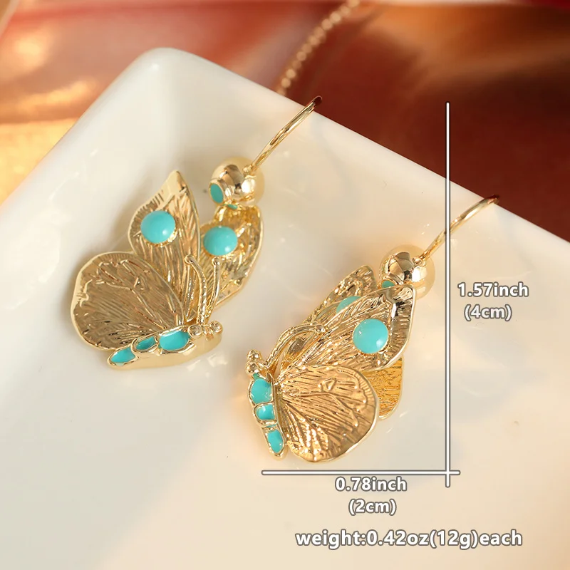 Ladies' Vintage Texture Butterfly Pendant Earrings Blue Synthetic Turquoise Embellishment Rustic Fresh Style Earrings Jewelry view 6