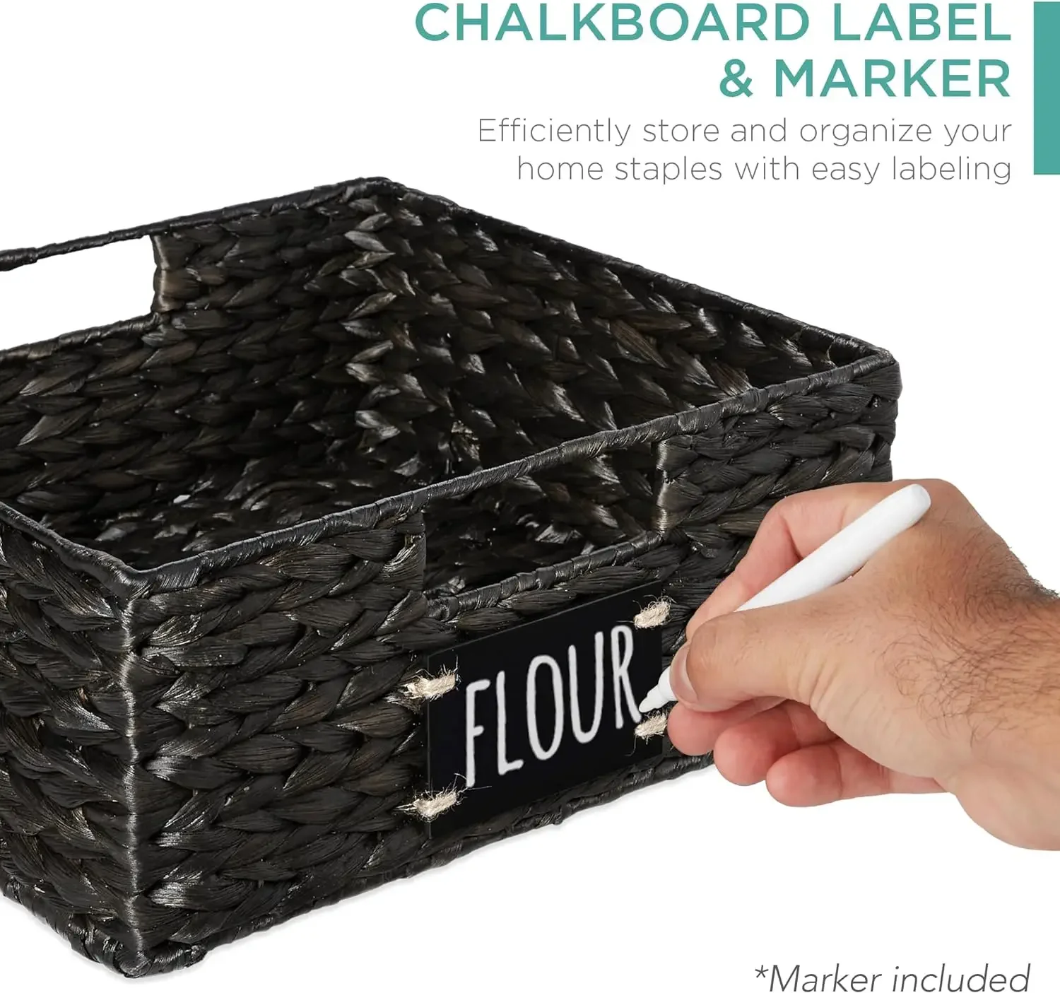 Set of 4 13x12in Water Hyacinth Pantry Baskets, Woven Kitchen Organizers w/Chalkboard Label, Chalk Marker