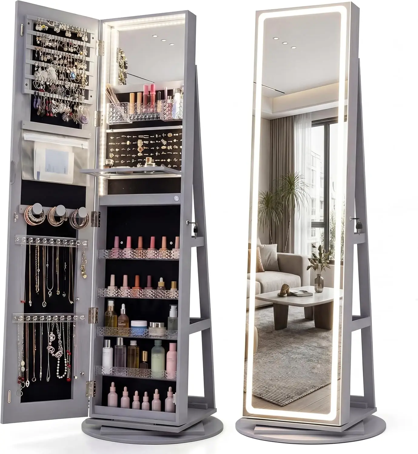 360 Swivel Jewelry Cabinet with 3-color LED Lights,with Full-Length Mirror, Makeup Mirror & Foldable Makeup Shelf, for Women, Gift(Grey)