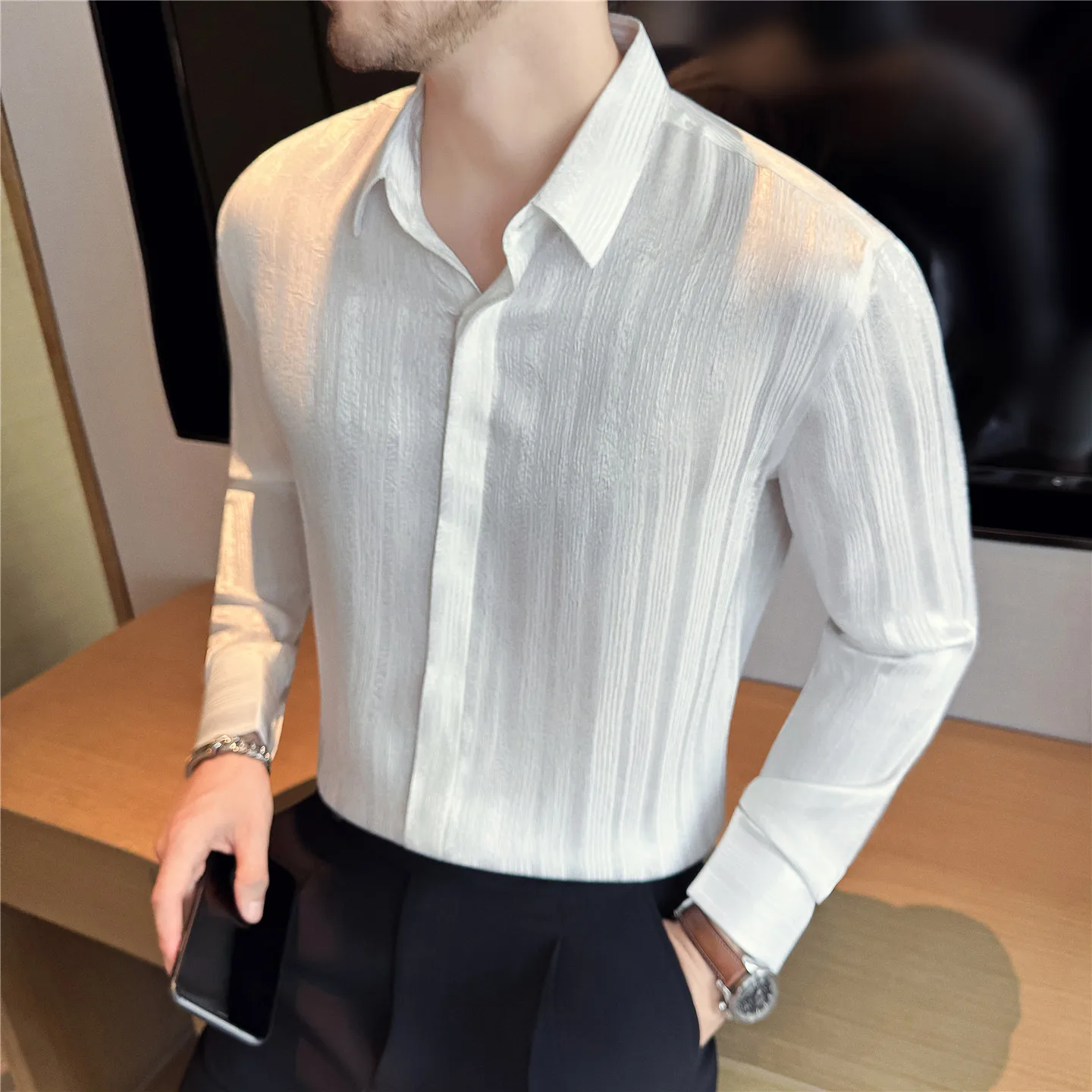 Autumn 3D Pleated Striped Long Sleeved Shirt for Men Casual Business Dress Shirt Versatile Office Social Work Uniform Shirts