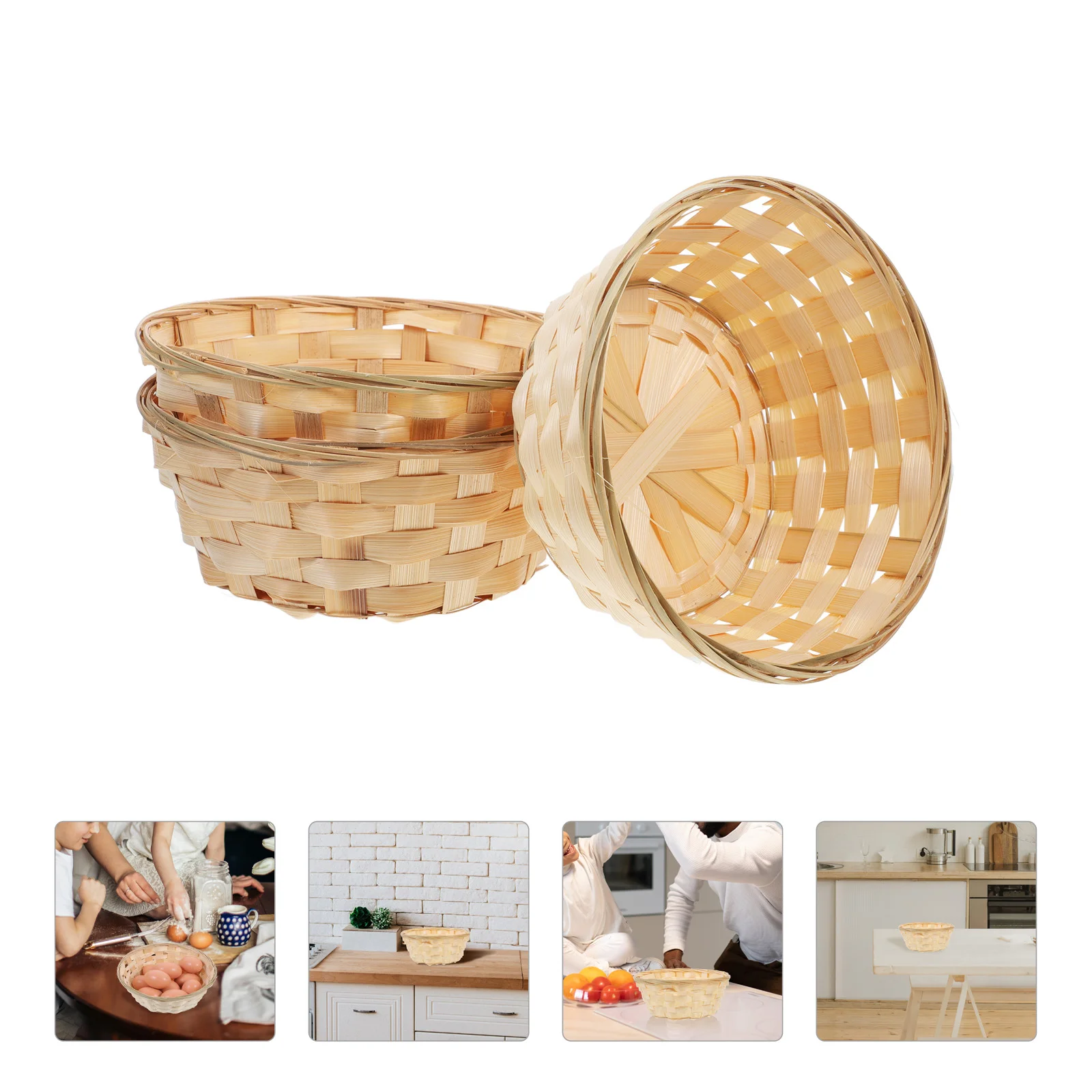 

3 Pcs Bamboo Basket Egg Weaved Woven Storage Baskets for Shelves Tray Desktop Bin Round Rectangle