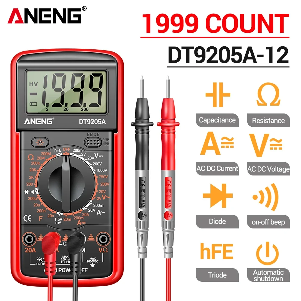 

Digital Multimeter Professional 1999 Counts ANENG DT9205A-12 AC Voltage Tester Probes High precision Electrician Mechanic Tools